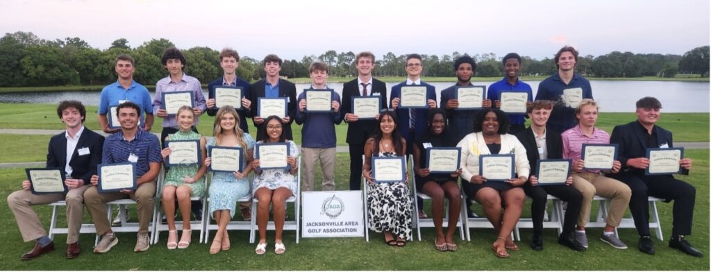 The Jacksonville Area Golf Association (JAGA) officially announced and honored its 2025 class of 23 college scholarship recipients and one Northern PGA Chapter Level 3 awardee for 2025 at a banquet Tuesday evening at Deerwood Country Club.
Click here for details.....